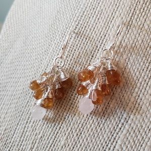 Artisan Wire Wrapped Amber Cluster Drop Earrings